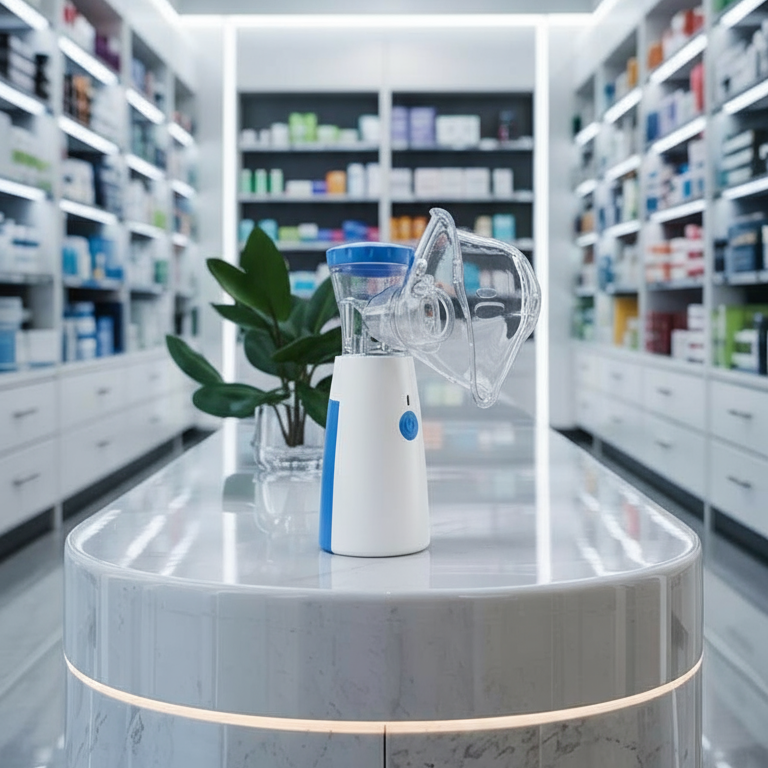 Modern pharmacy interior with a counter and shelves stocked with products.