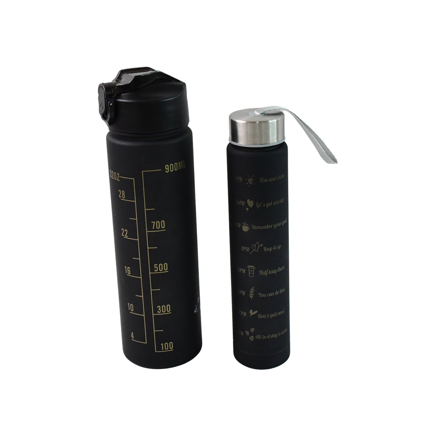 2 Pc Premium Black Motivational Water Bottle Set (900 Ml + 300 Ml)