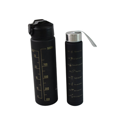 2 Pc Premium Black Motivational Water Bottle Set (900 Ml + 300 Ml)